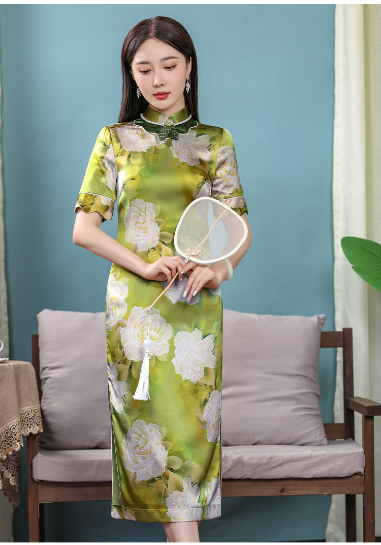 Vintage Floral Slit Side Silk Cheongsam Dress