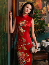Load image into Gallery viewer, Mandarin Collar Peony Embroidered Silk Cheongsam Dress In Red
