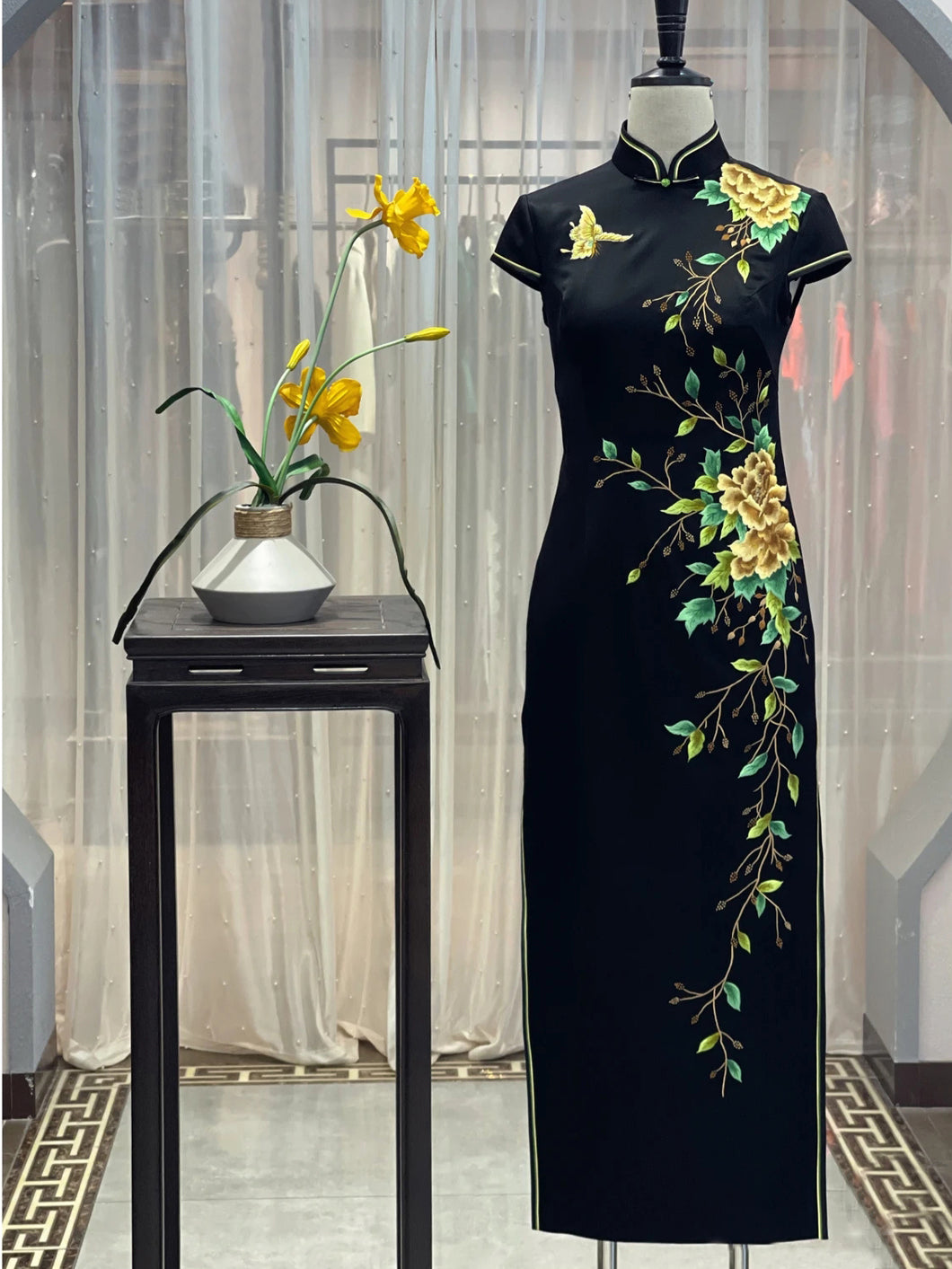 High-Slit Flower Embroidered Silk Cheongsam Gown
