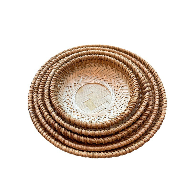 Rattan Embellished Woven Bamboo Baskets, Set of 5