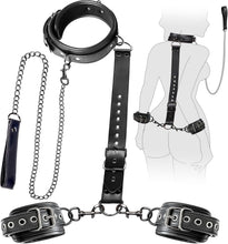 Load image into Gallery viewer, BDSM Bondage Sex Restraints Set Couples, Neck to Wrist Restraints Kit with Traction Chain Back Sex Handcuffs Collar-Black