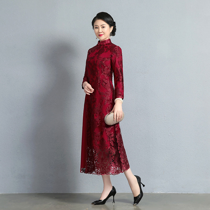 Lace Embroidered High-neck Cheongsam Midi Dress in Claret