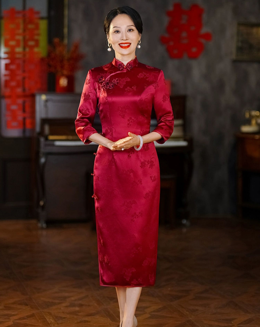 Long Formal Cheongsam Midi Dress in Wine Red