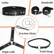 Load image into Gallery viewer, Sex Bondage Wrist & Thigh Cuffs, Restraints Set with Adjustable Collar & Leash Handcuffs Thigh Cuffs Cross Waist Strap