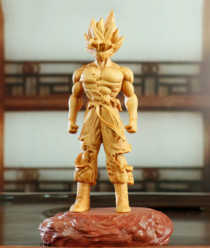 Wood Hand Carved Super Saiyan Goku Figurine wit Stand