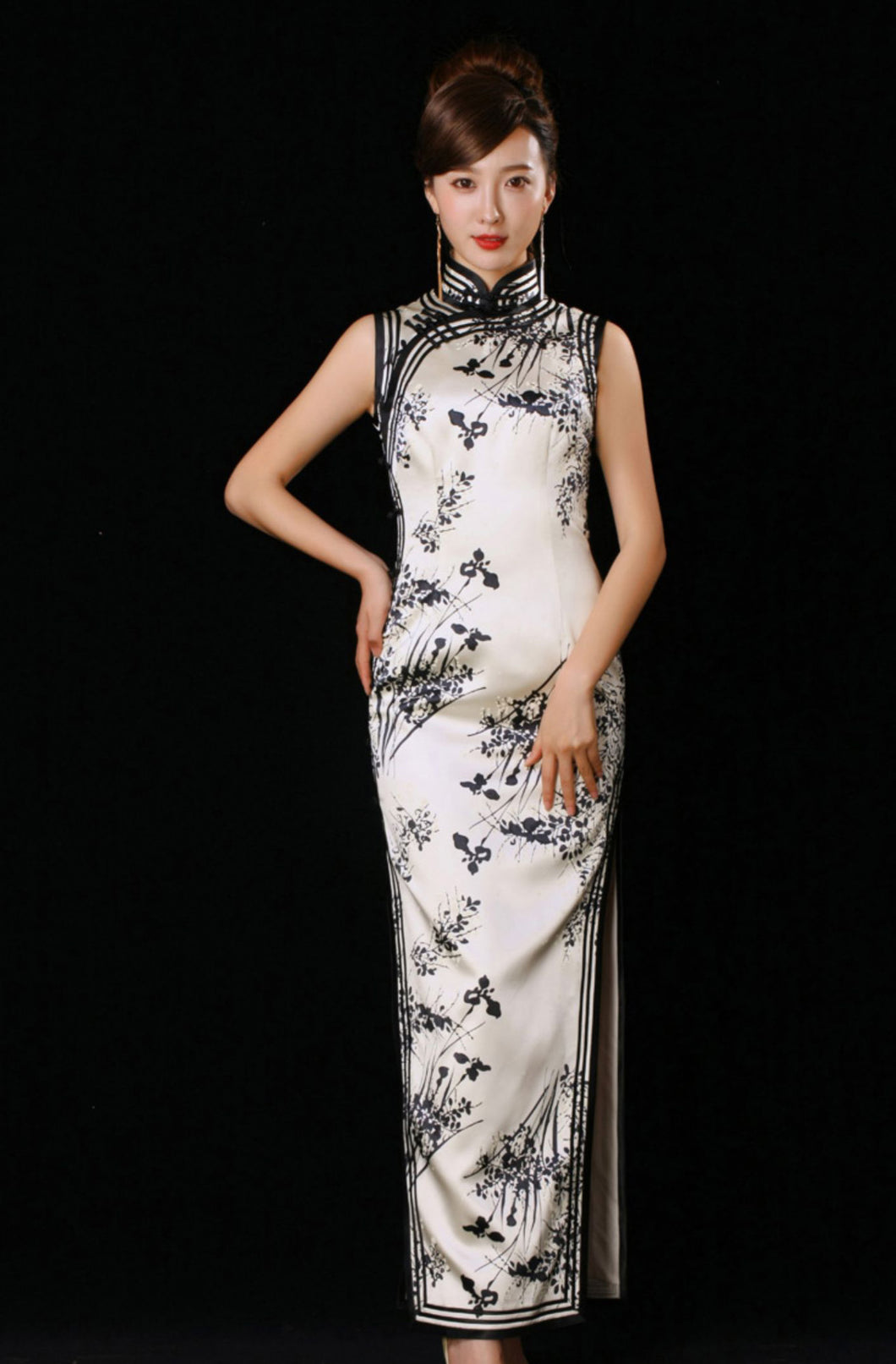 Chinese Ink-painting Print Silk Cheongsam Qipao Gown
