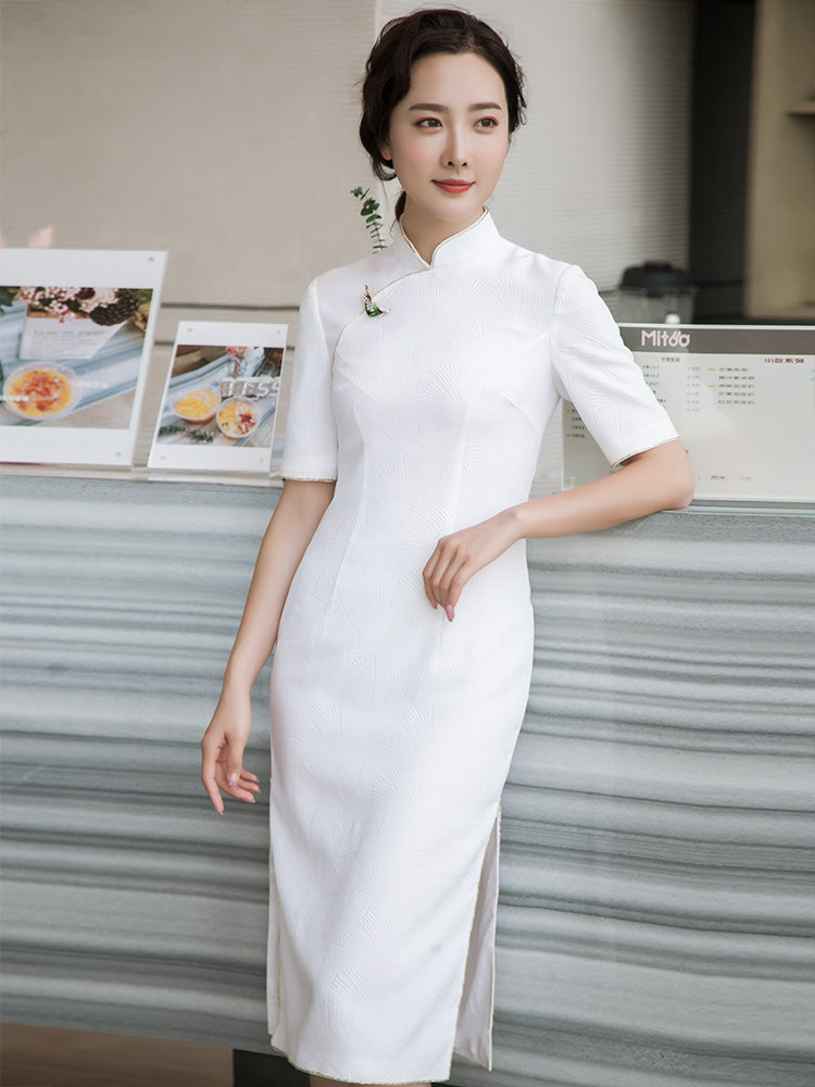 Mandarin Collar White Silk Cheongsam Dress