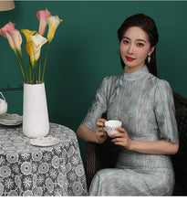 Load image into Gallery viewer, High Neck Flower Petal Silk Cheongsam Dress
