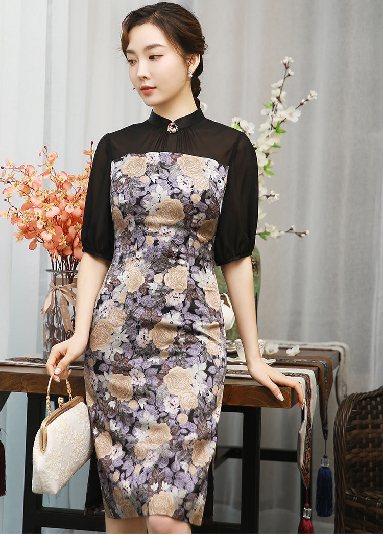 Floral Print Button Detail Silk Cheongsam Dress