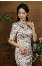 Load image into Gallery viewer, Mandarin Collar Silk Cheongsam Dress in Tulip Print
