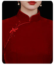 Load image into Gallery viewer, Red Velvet Mandarin Collar Dress

