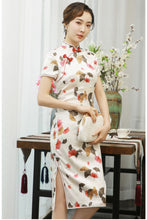 Load image into Gallery viewer, Floral Print Maple Leaves Silk Cheongsam Dress
