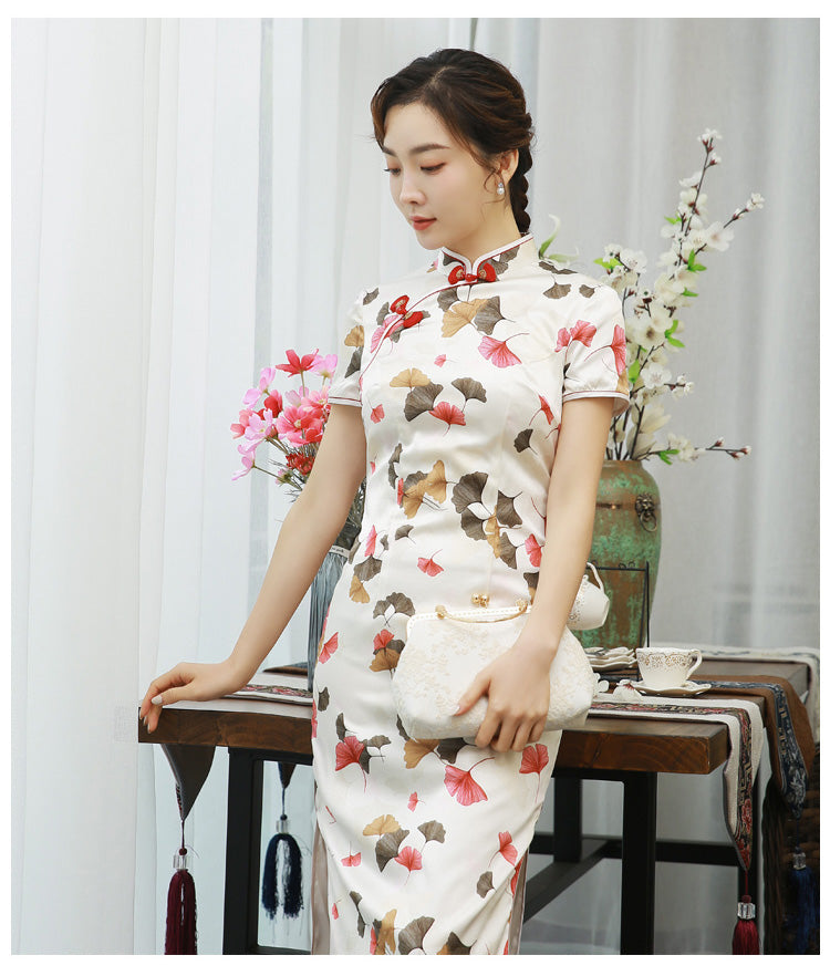 Floral Print Maple Leaves Silk Cheongsam Dress