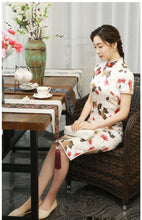 Load image into Gallery viewer, Floral Print Maple Leaves Silk Cheongsam Dress
