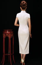 Load image into Gallery viewer, Embroidered Silk Mandarin Collar White Cheongsam Dress
