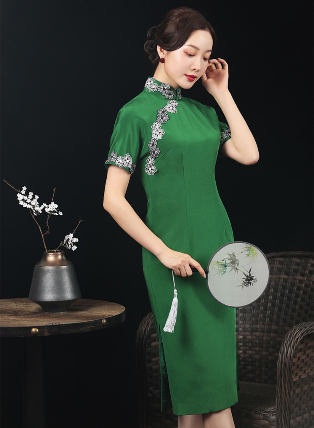 Lace Applique Green Silk Cheongsam Dress
