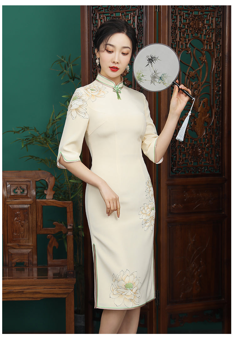Floral Print Tassel Detail Silk Cheongsam Dress