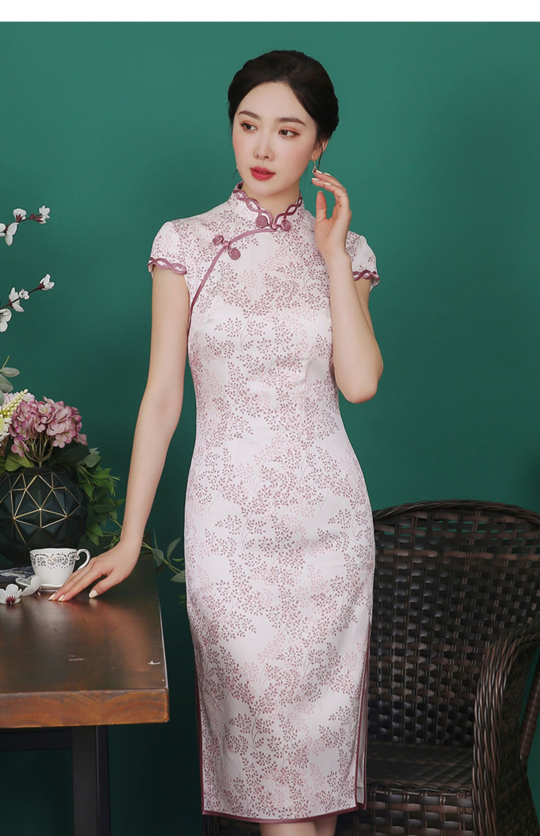 Pink Floral Print Silk Cheongsam Dress