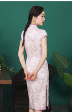 Load image into Gallery viewer, Pink Floral Print Silk Cheongsam Dress
