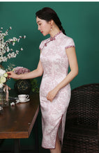 Load image into Gallery viewer, Pink Floral Print Silk Cheongsam Dress
