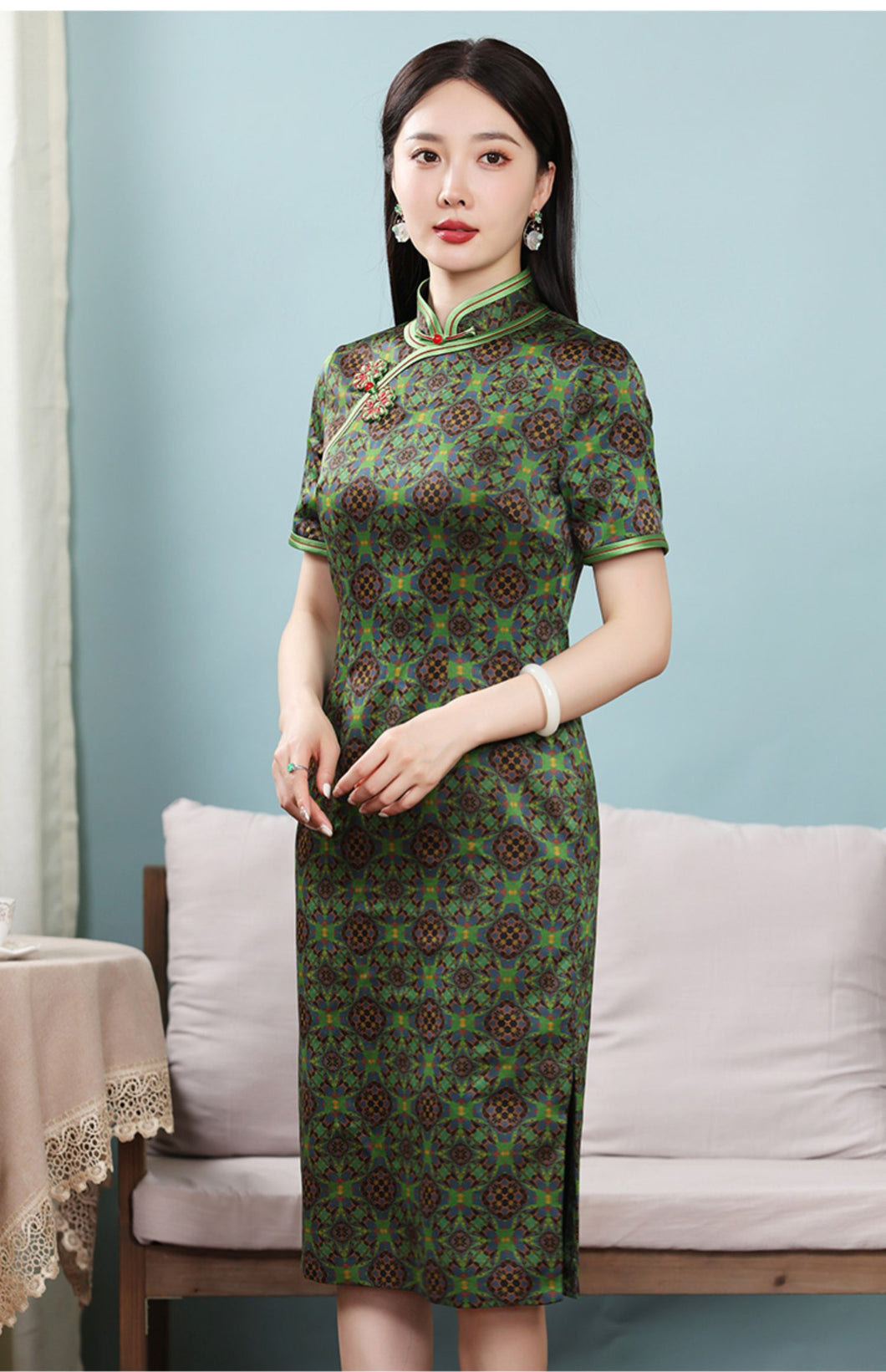 Vintage Floral Print Silk Cheongsam Dress In Green