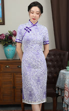 Load image into Gallery viewer, Allover Floral Lace Cheongsam Dress In White Purple
