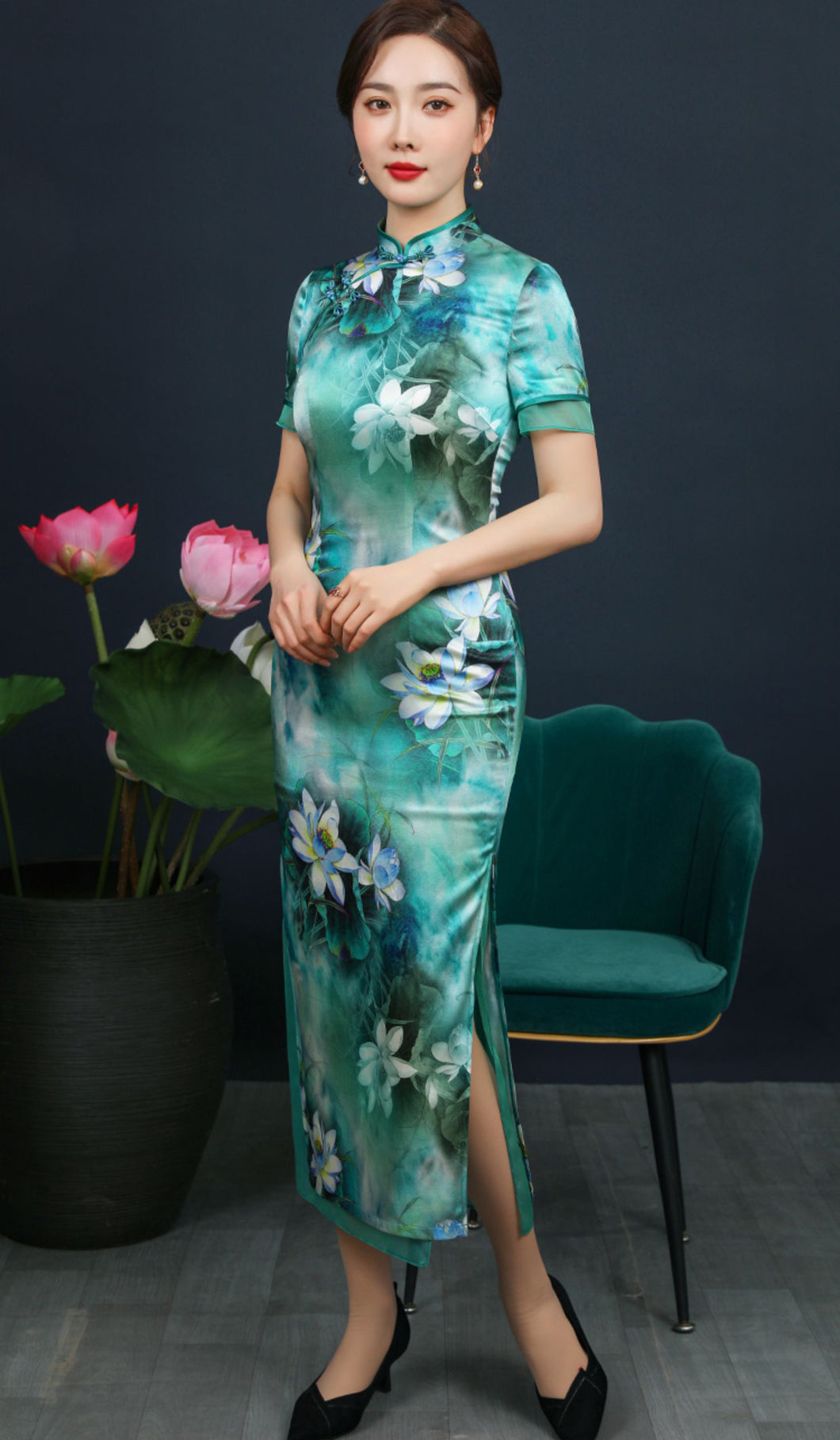 Lotus Floral Print Long Silk Cheongsam Dress
