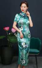 Load image into Gallery viewer, Lotus Floral Print Long Silk Cheongsam Dress

