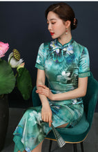 Load image into Gallery viewer, Lotus Floral Print Long Silk Cheongsam Dress
