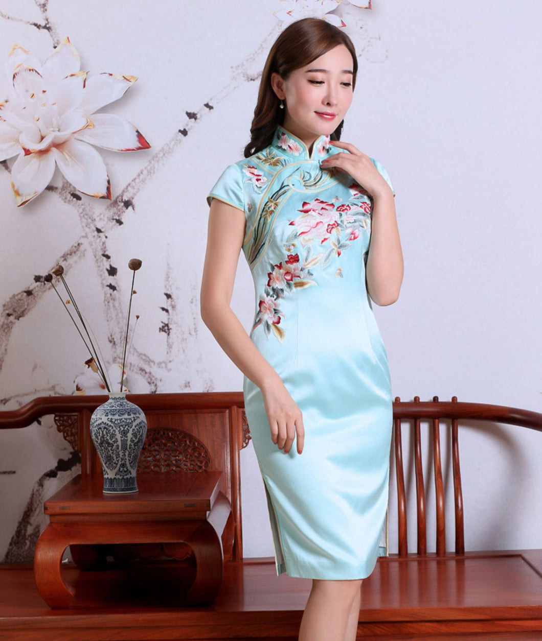 Lotus Embroidered Cheongsam Midi Dress