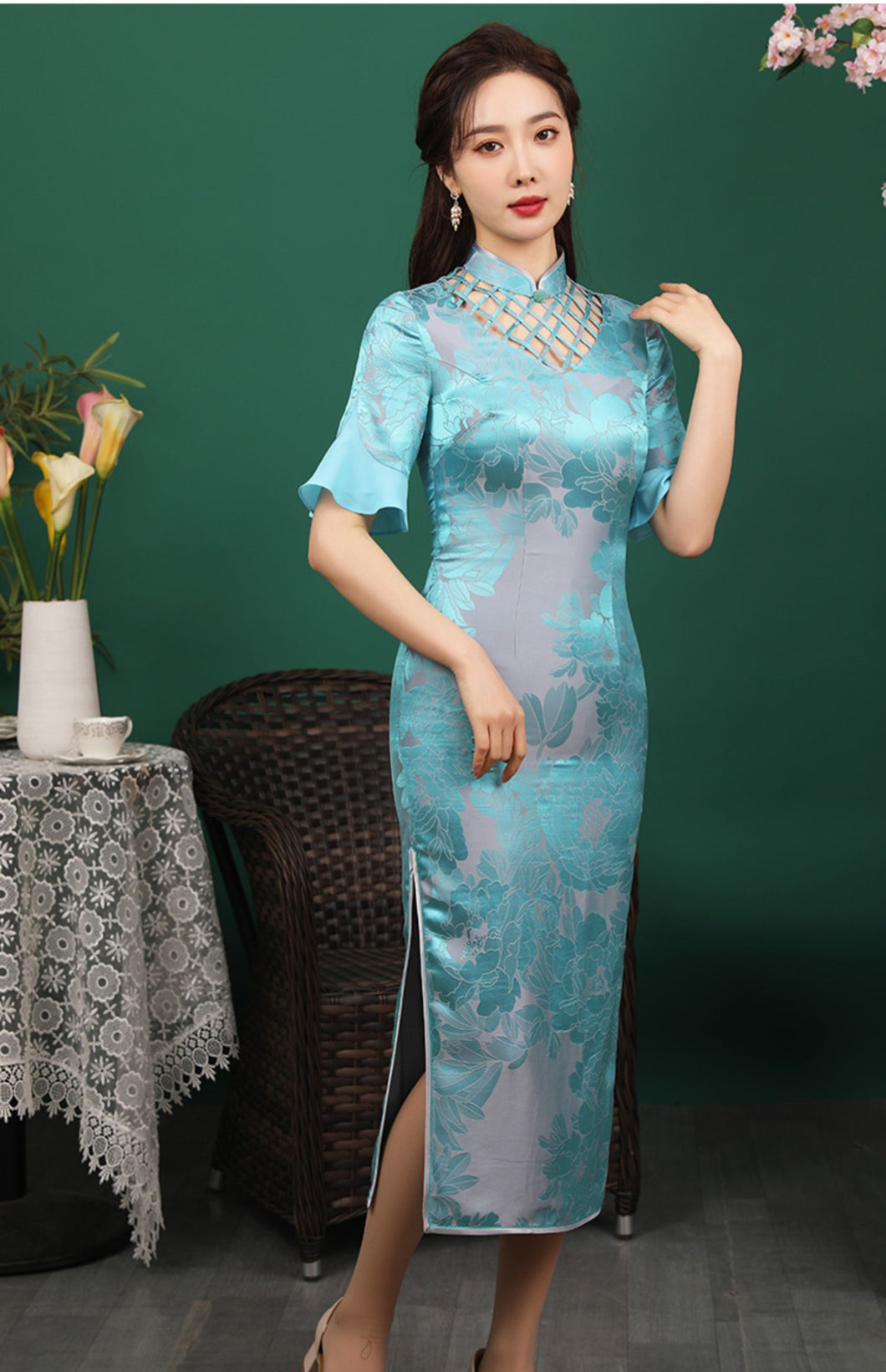 Long Floral Jacquard Silk Cheongsam Qipao Dress