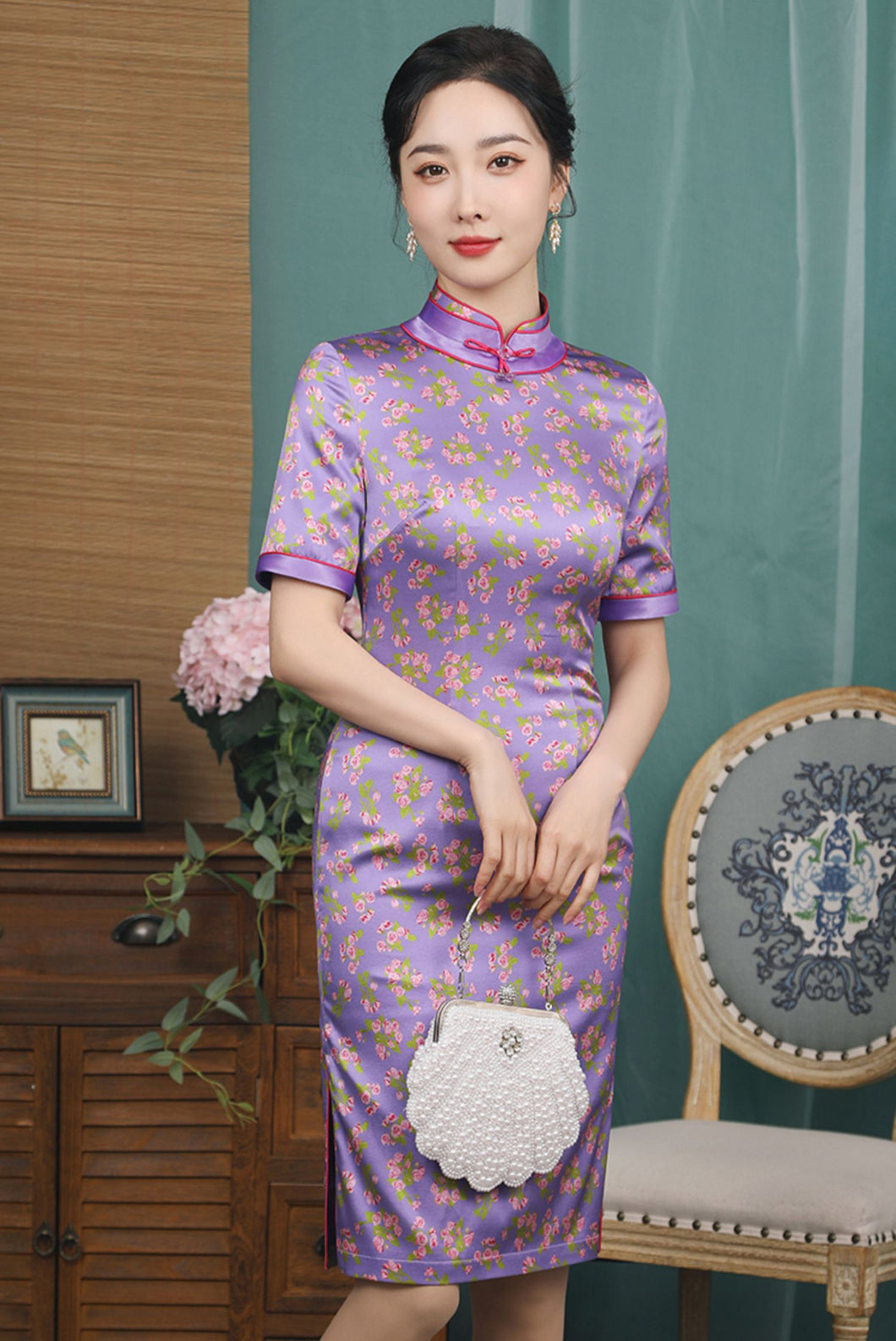 High Neck Floral Silk Cheongsam Mini Dress