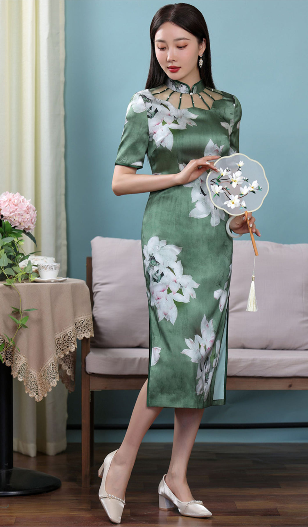Beaded Panelled Floral Silk Cheongsam Midi Dress