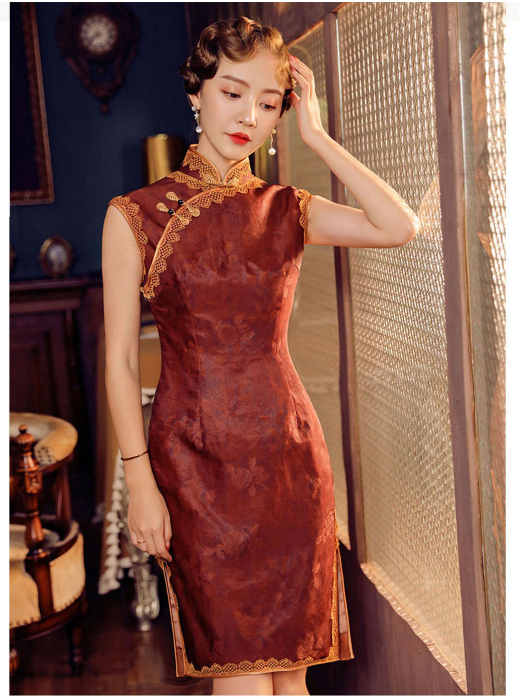 Lace Trim Mini Bodycon Cheongsam Dress