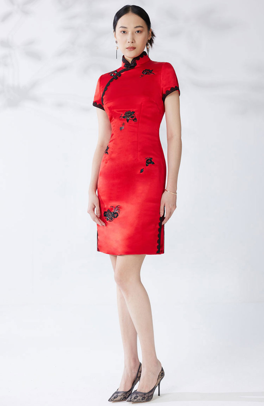 Mini Cheongsam Dress With Lace Trim and Embroidery in Red