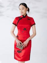 Load image into Gallery viewer, Mini Cheongsam Dress With Lace Trim and Embroidery in Red
