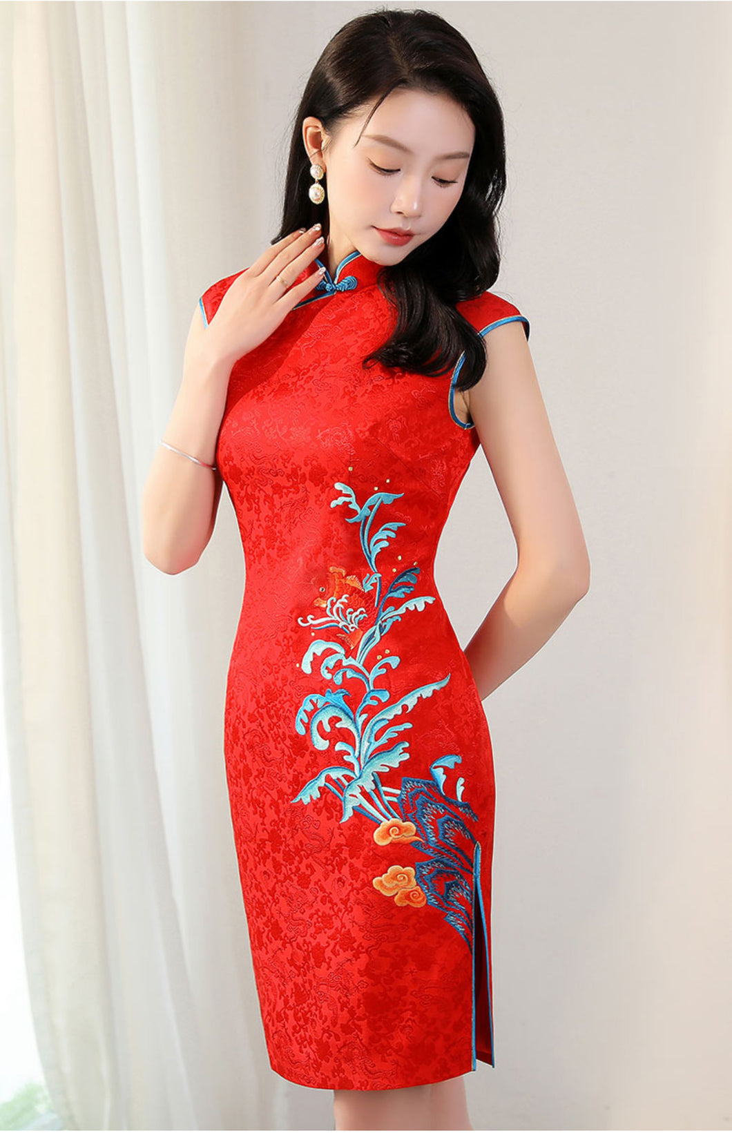 Silk Printed Jacquard Embroidered Mini Cheongsam Dress