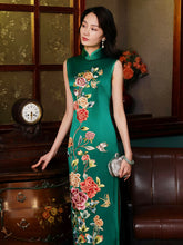 Load image into Gallery viewer, Mandarin Collar Peony Embroidered Silk Cheongsam Dress In Green
