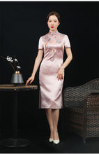 Load image into Gallery viewer, Mandarin Collar Floral Embroidered Cheongsam Dress In Pink
