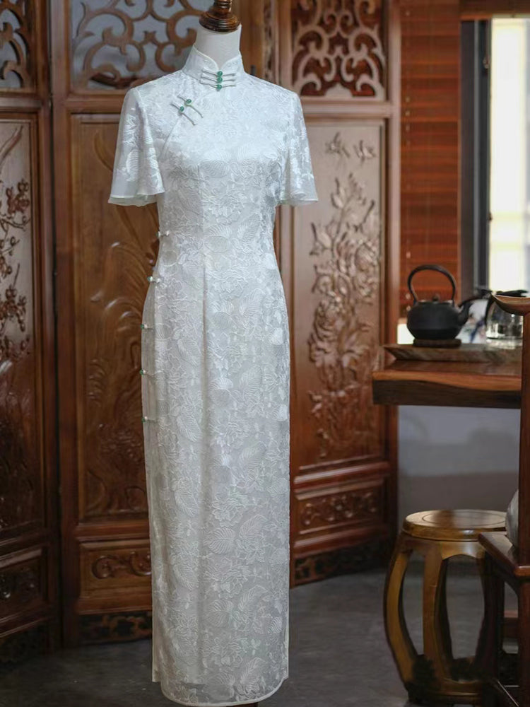 All Over Lace Embroidered Silk Cheongsam Dress