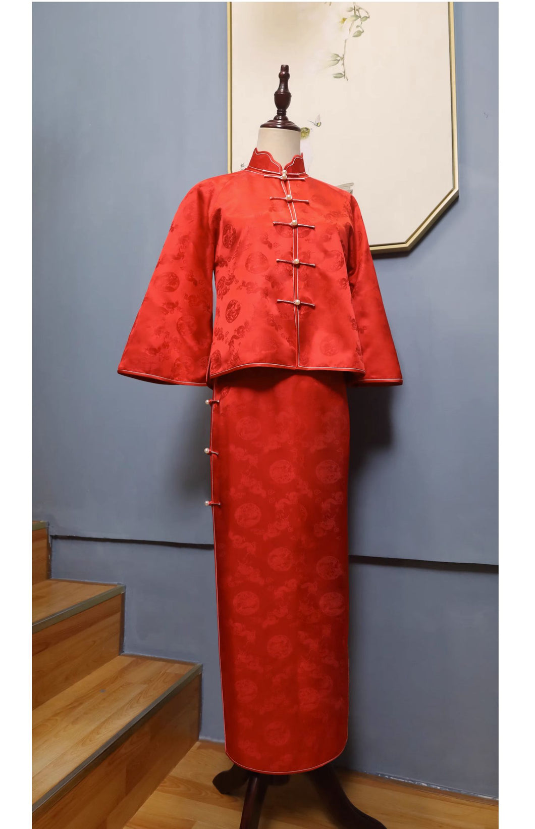 Dragon and Phoenix Silk Jacquard Wedding Qipao Dress In Red