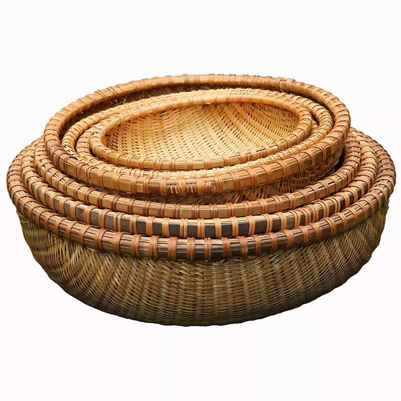 Handmade Knit Round Bamboo Basket, Set of 7