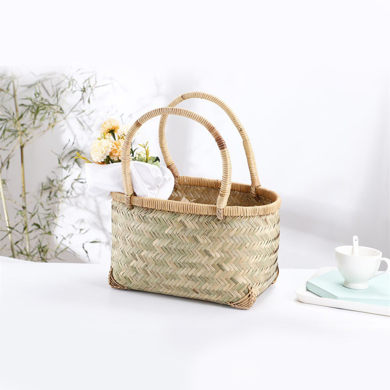 Woven Bamboo Storage Basket With Side Handles