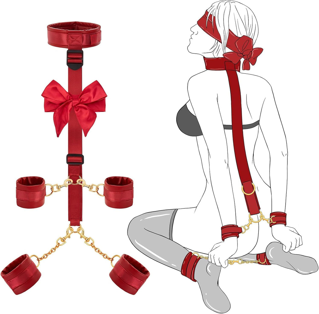 BDSM Bondage Kit - Neck to Wrist Behind Back Collar Restraints with Handcuffs Ankle Cuffs Blindfold