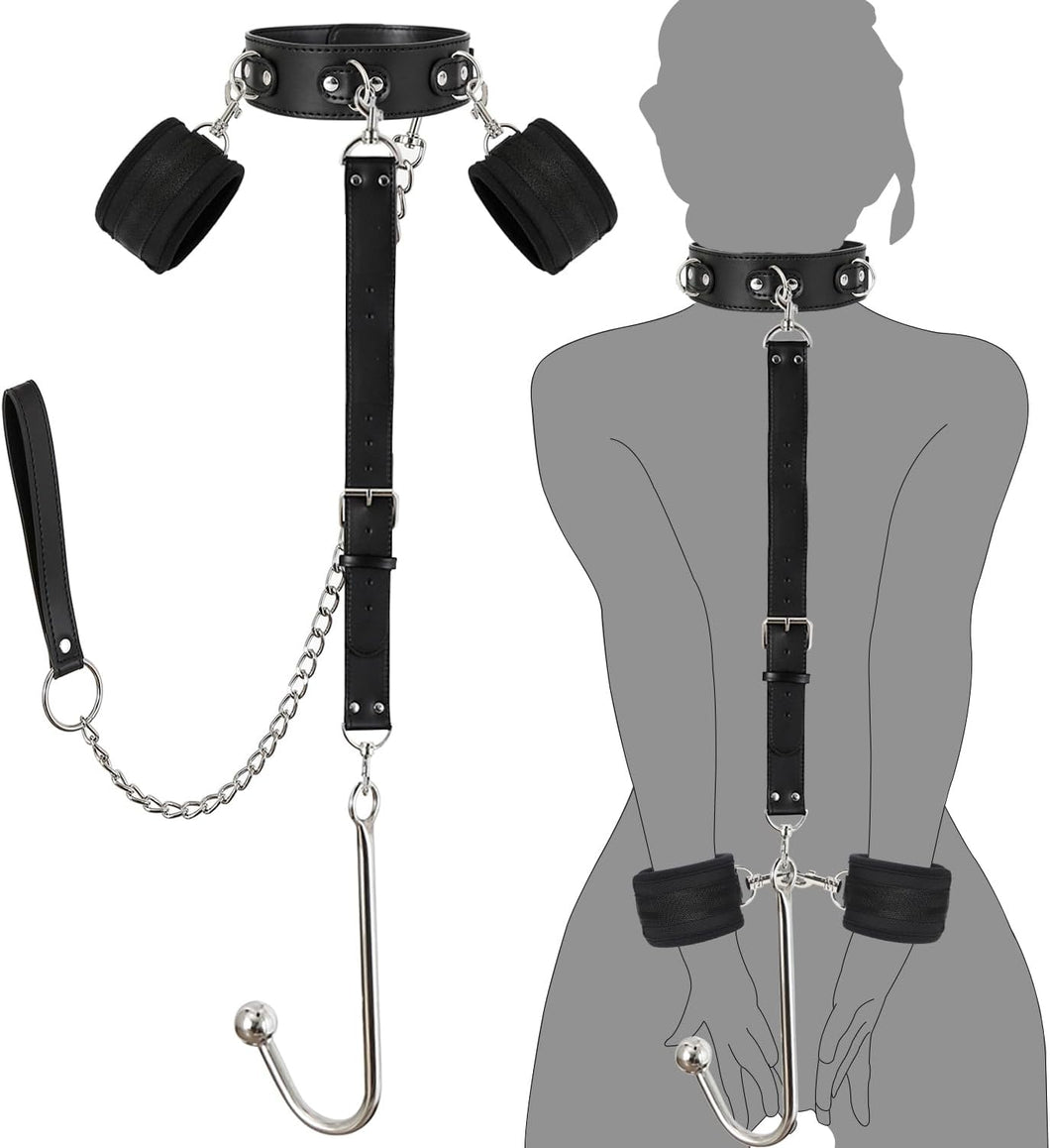 Bondage Collar Anal Hook, Sex Leash Bondage Harness Set with Adjustable Handcuffs & Chain