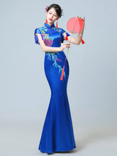 Load image into Gallery viewer, Flower Embroidered Mermaid Cheongsam Gown With Tassels Detail
