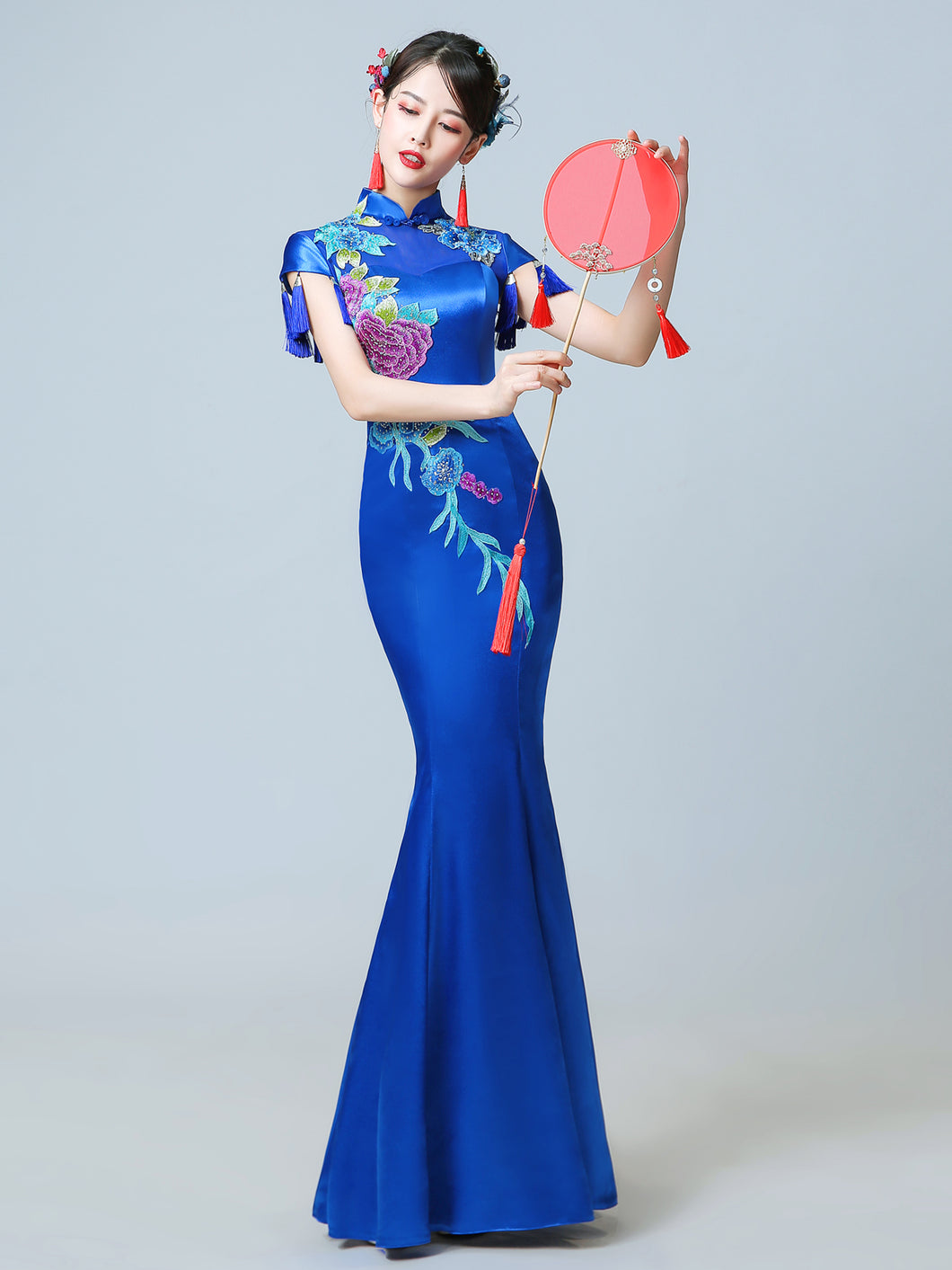 Flower Embroidered Mermaid Cheongsam Gown With Tassels Detail