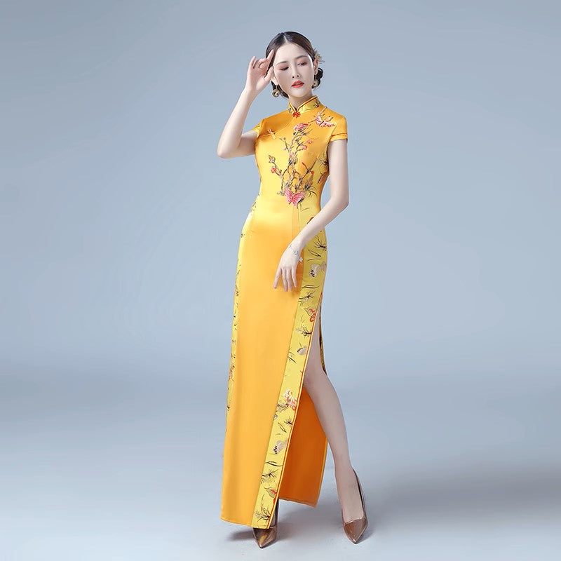 Thigh High Slit Prom Cheongsam Dress With Applique Embroidery
