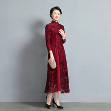 Load image into Gallery viewer, Lace Embroidered High-neck Cheongsam Midi Dress in Claret

