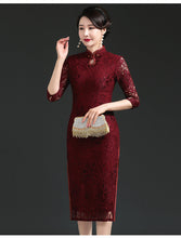 Load image into Gallery viewer, Lace Floral Cheongsam Midi Qipao Dress in Claret
